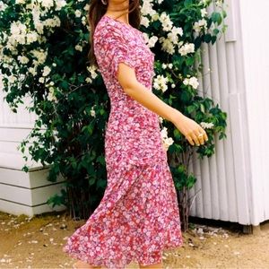 Shoshanna Roselle Pink Floral Ruched Midi Dress